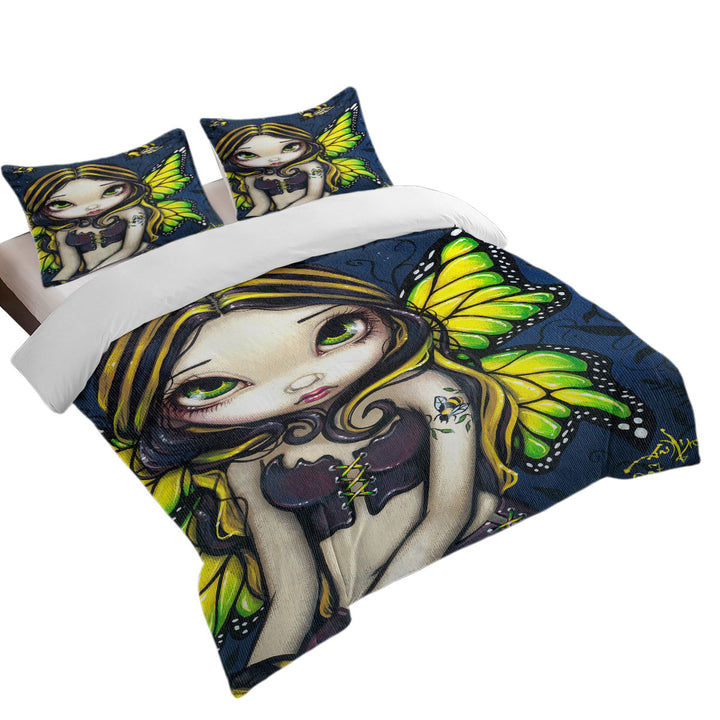 King Size Duvet Cover with Cute Art Bumblebee Tattoo on Butterfly Fairy