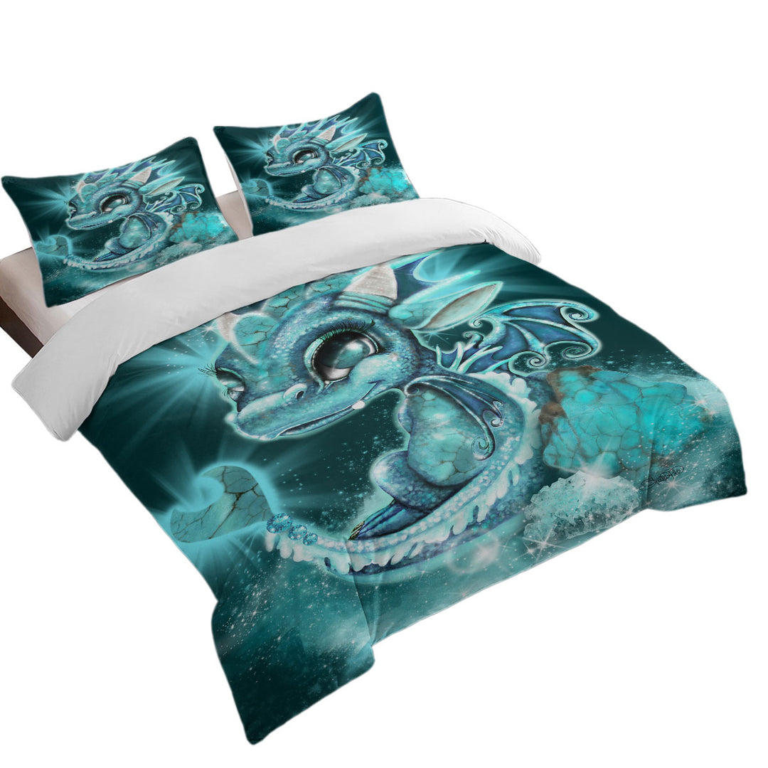 King Size Duvet Cover with Cute Gift December Turquoise Birthstone Lil Dragon