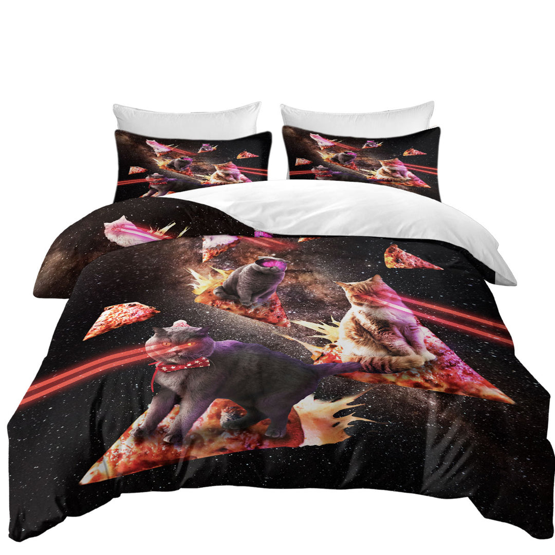 King Size Duvet Cover with Funny and Cool Galaxy Pizza Cats with Laser Eyes