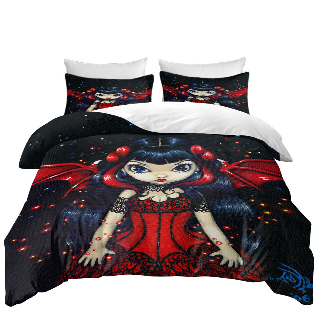 King Size Duvet Cover with Gothic Fairy in a Red Dress