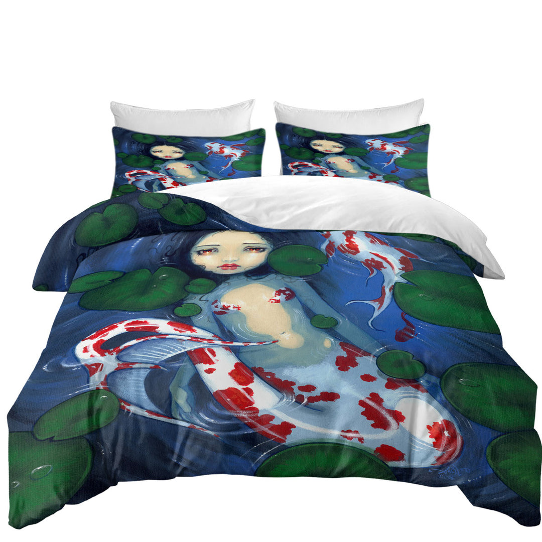 King Size Duvet Cover with Japanese Garden Lily Pads and Koi Pond Mermaid