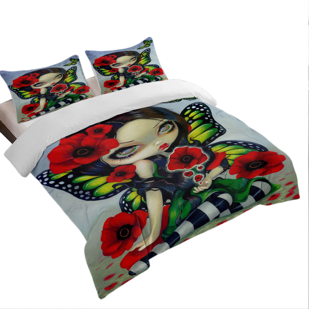 King Size Duvet Cover with Lovely Big Eyed Butterfly Fairy with Red Poppies