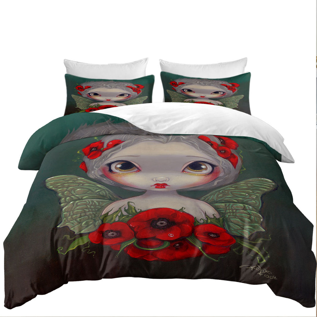 King Size Duvet Cover with Lovely Big Eyed Fairy Portrait with Red Poppies