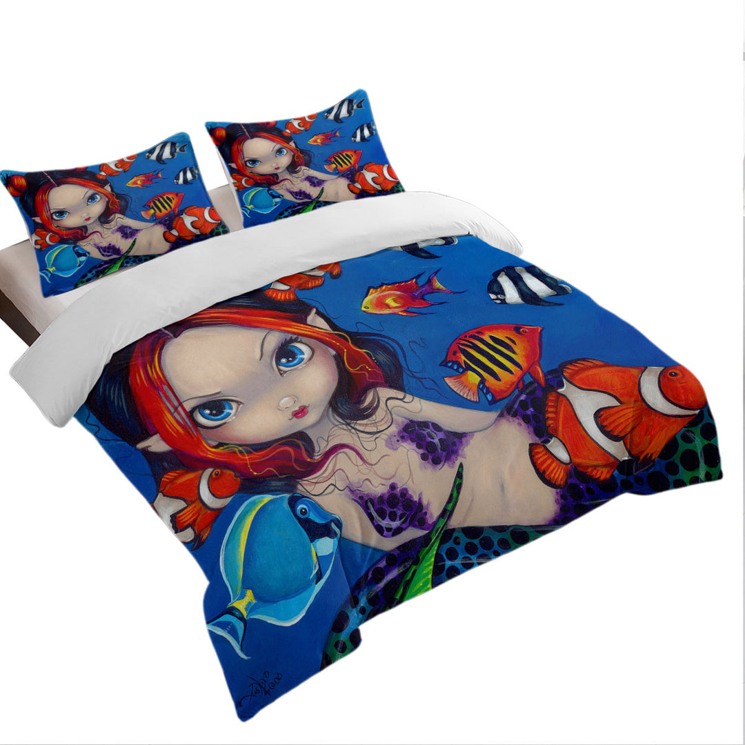 King Size Duvet Cover with Lovely Fantasy Creature Mermaid with Tropical Fish