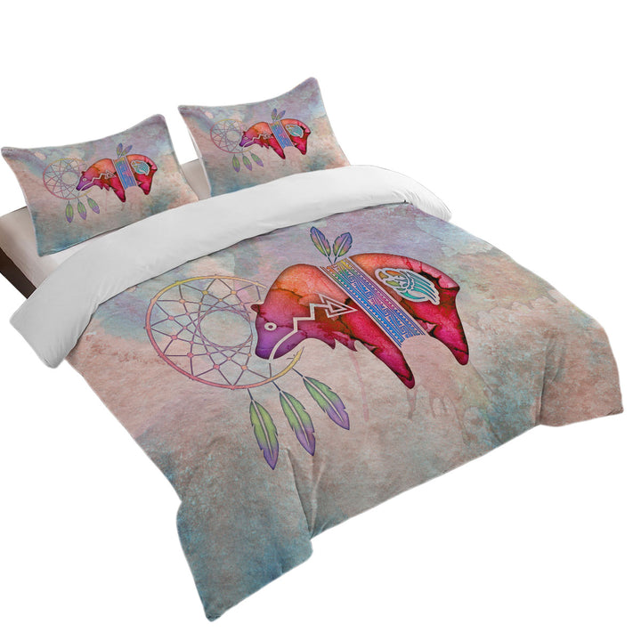 King Size Duvet Cover with Native American Art Painted Dream Catcher and Bear