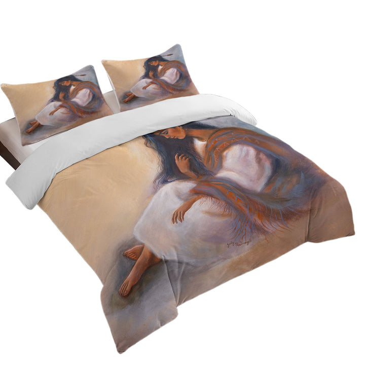 King Size Duvet Cover with Native American Art Sitting Beautiful Indian Girl