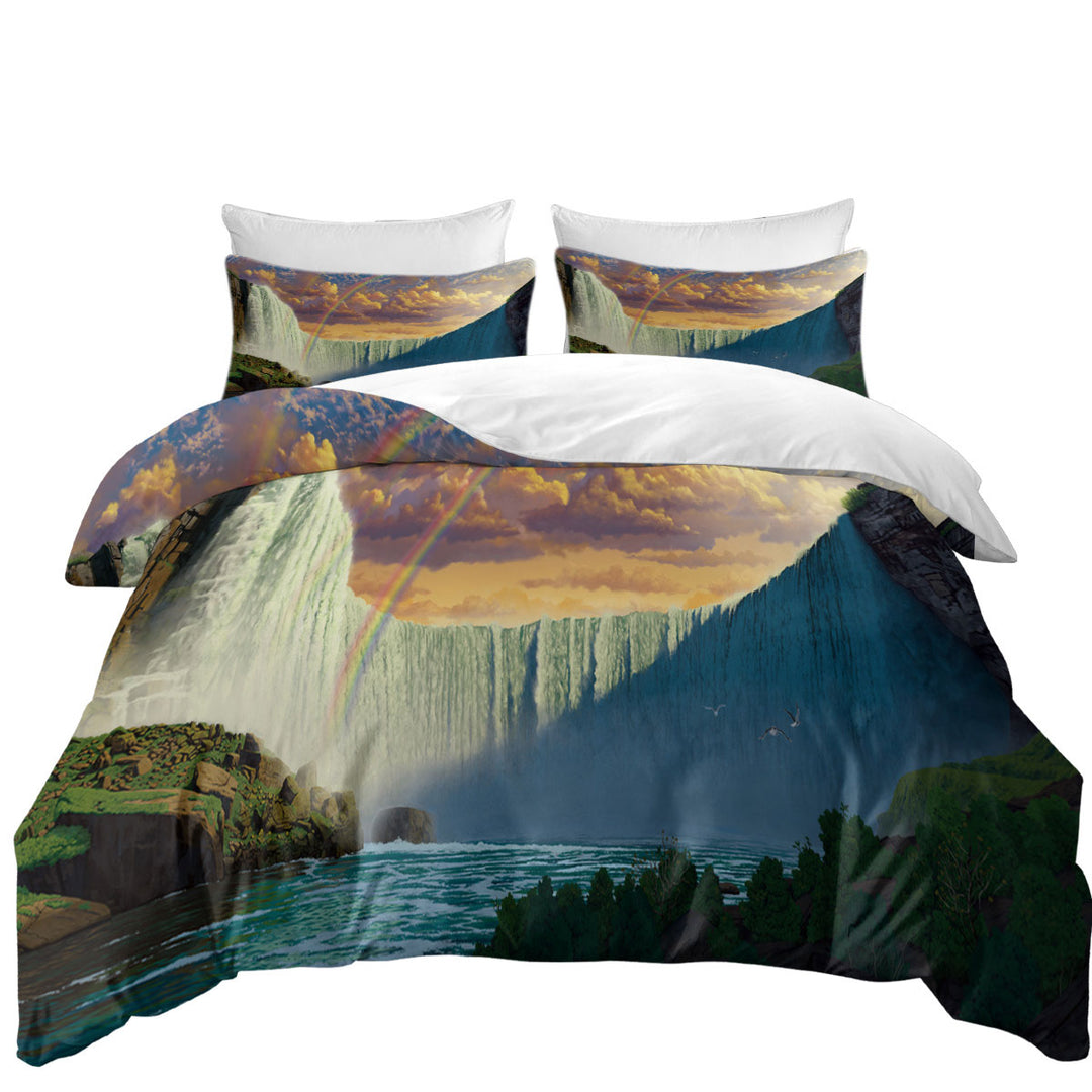 King Size Duvet Cover with Nature Landscape Art Rainbow over the Niagara Falls