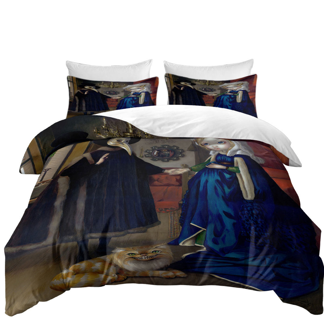 King Size Duvet Cover with Painted Fantasy Art Alice in a Van Eyck Portrait