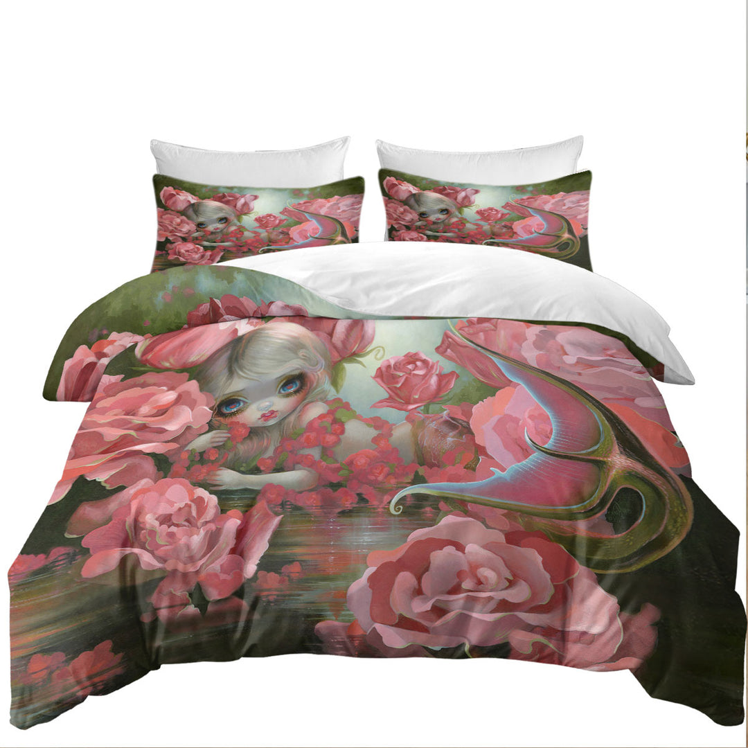 King Size Duvet Cover with Pink Fantasy Art Mermaid with Roses