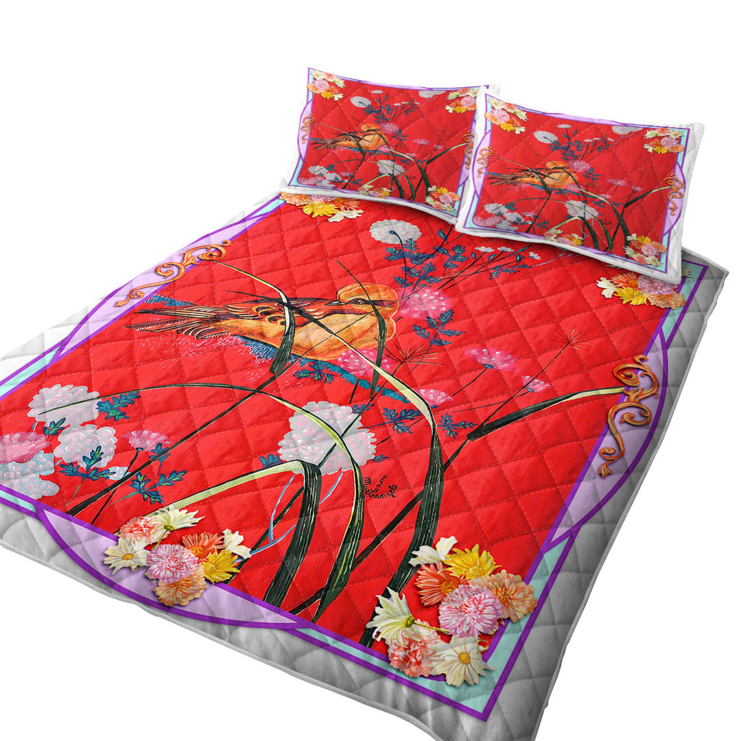 King Size Quilt Sets with Asian Art Painting Bird on Red