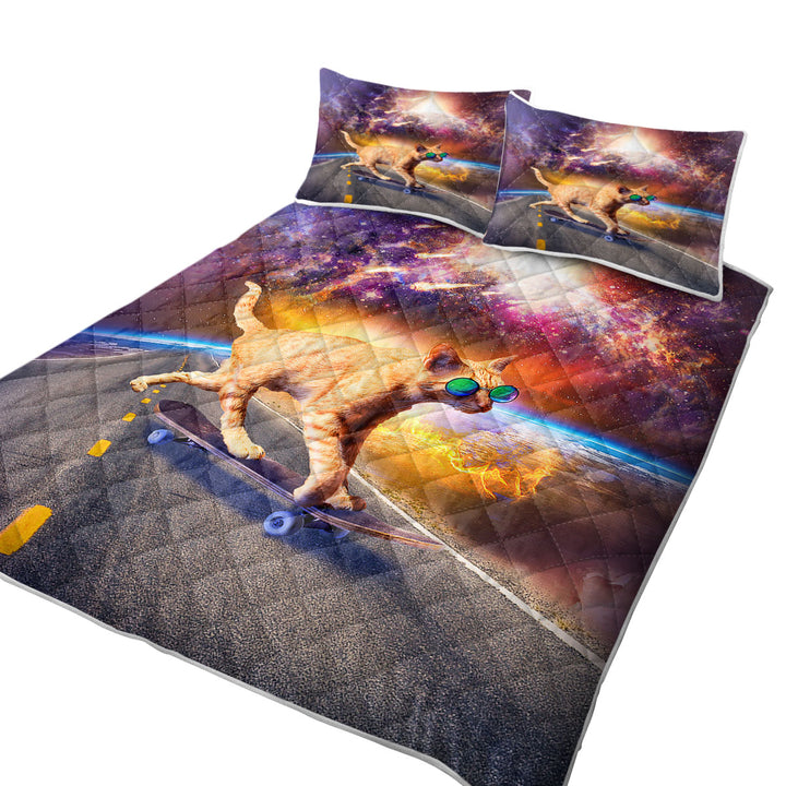 King Size Quilt Sets with Cool Art Cat Skateboarding in Space