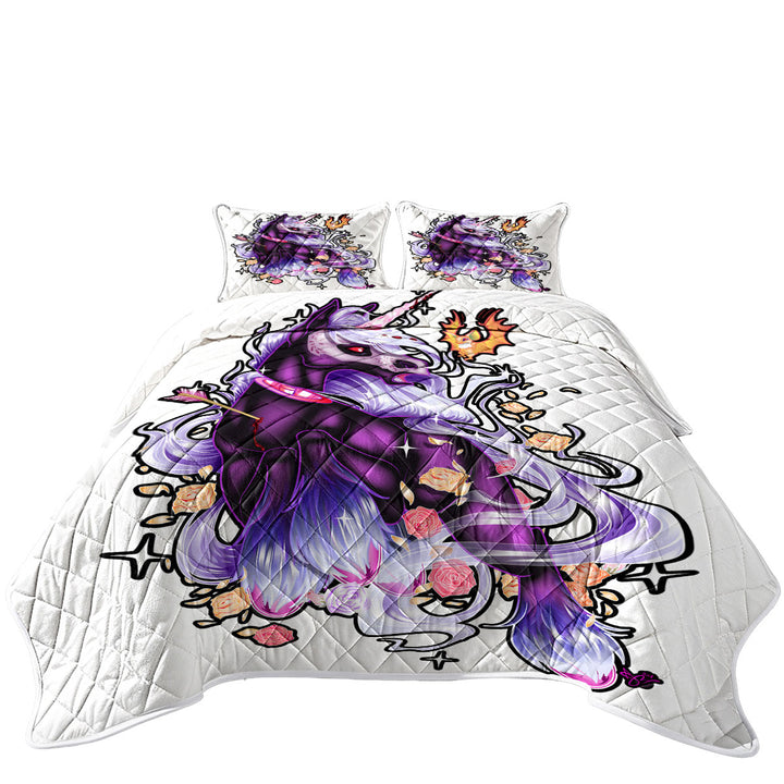 King Size Quilt Sets with Cool Little Dragon and Purple Unicorn