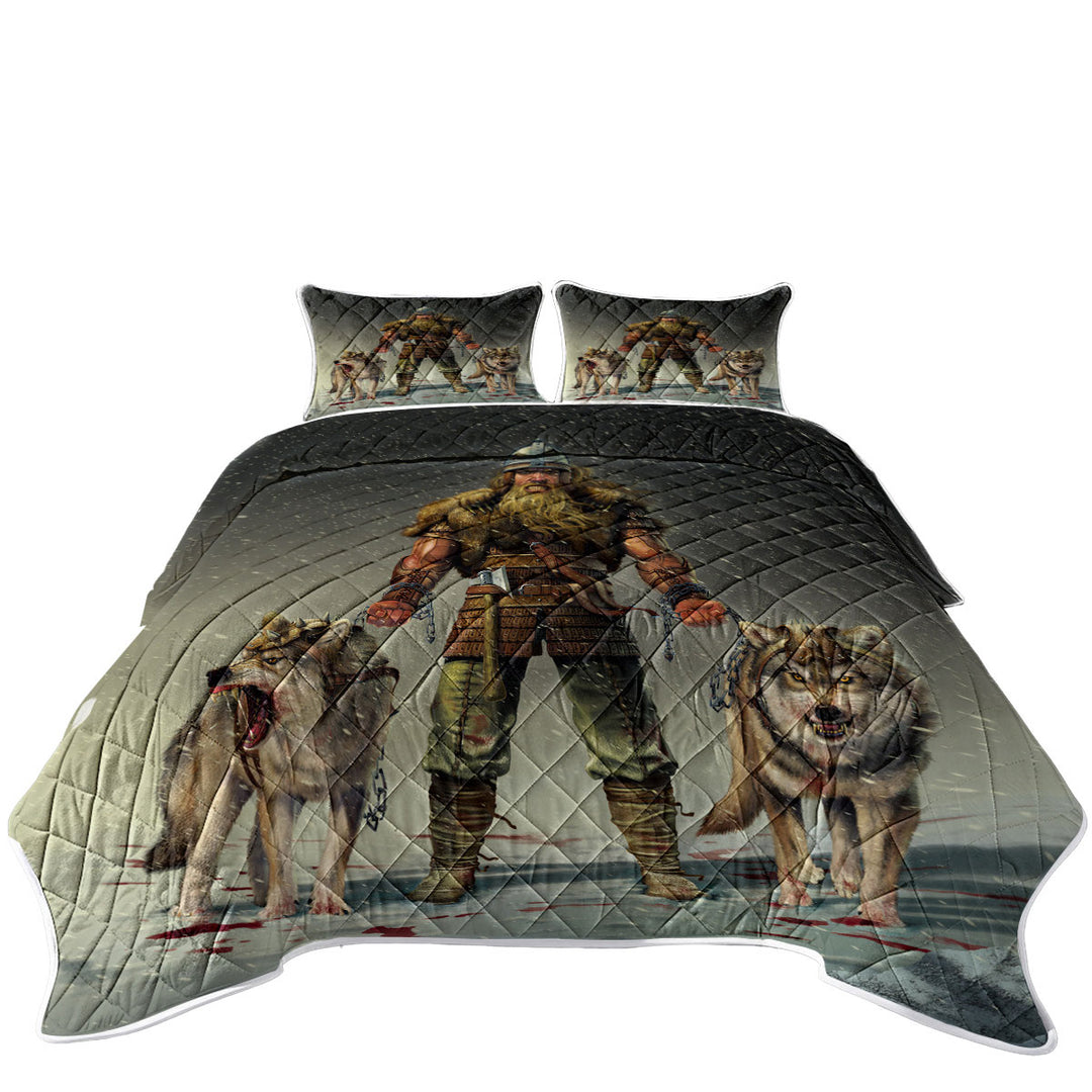 King Size Quilt Sets with Cool Mens Art Mountain Viking and Wolves