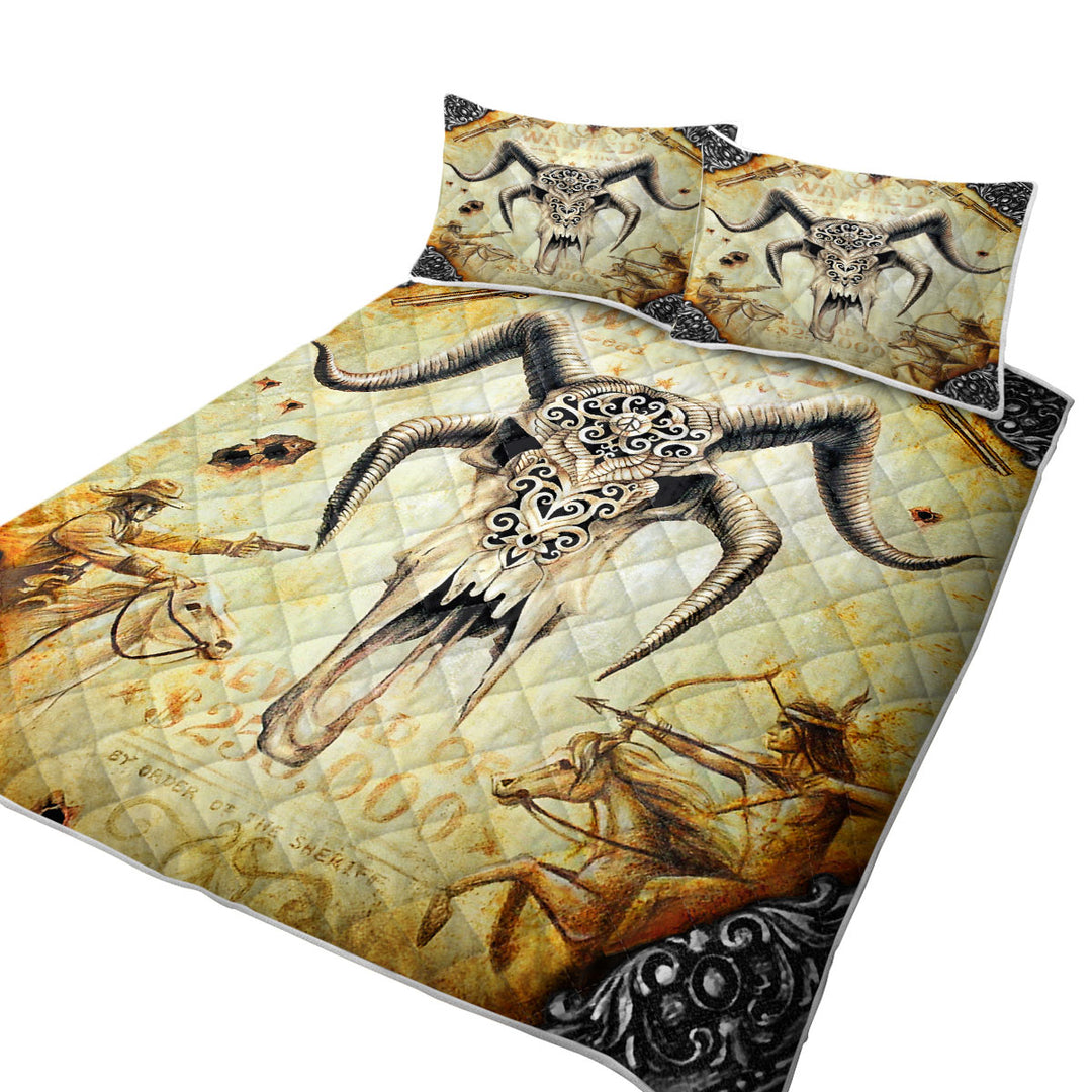 King Size Quilt Sets with Cool Old Wild West Wanted Goat Skull