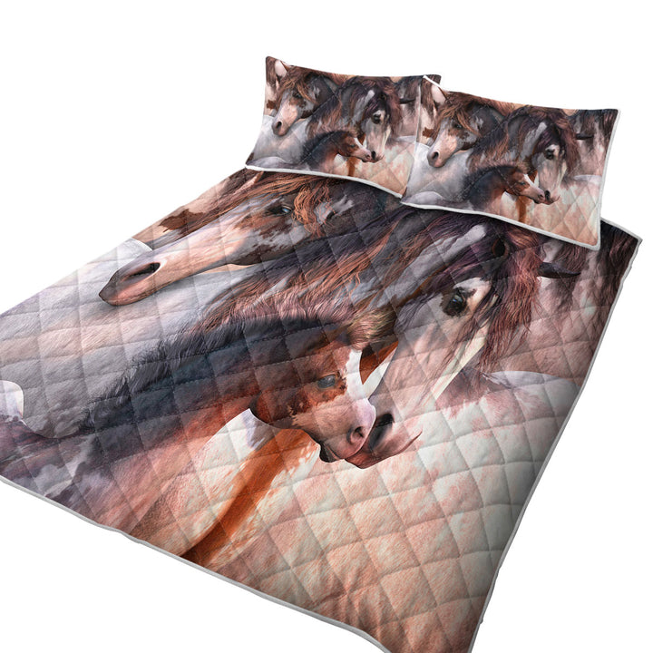 King Size Quilt Sets with Cute Horses Art Beautiful Horse Family