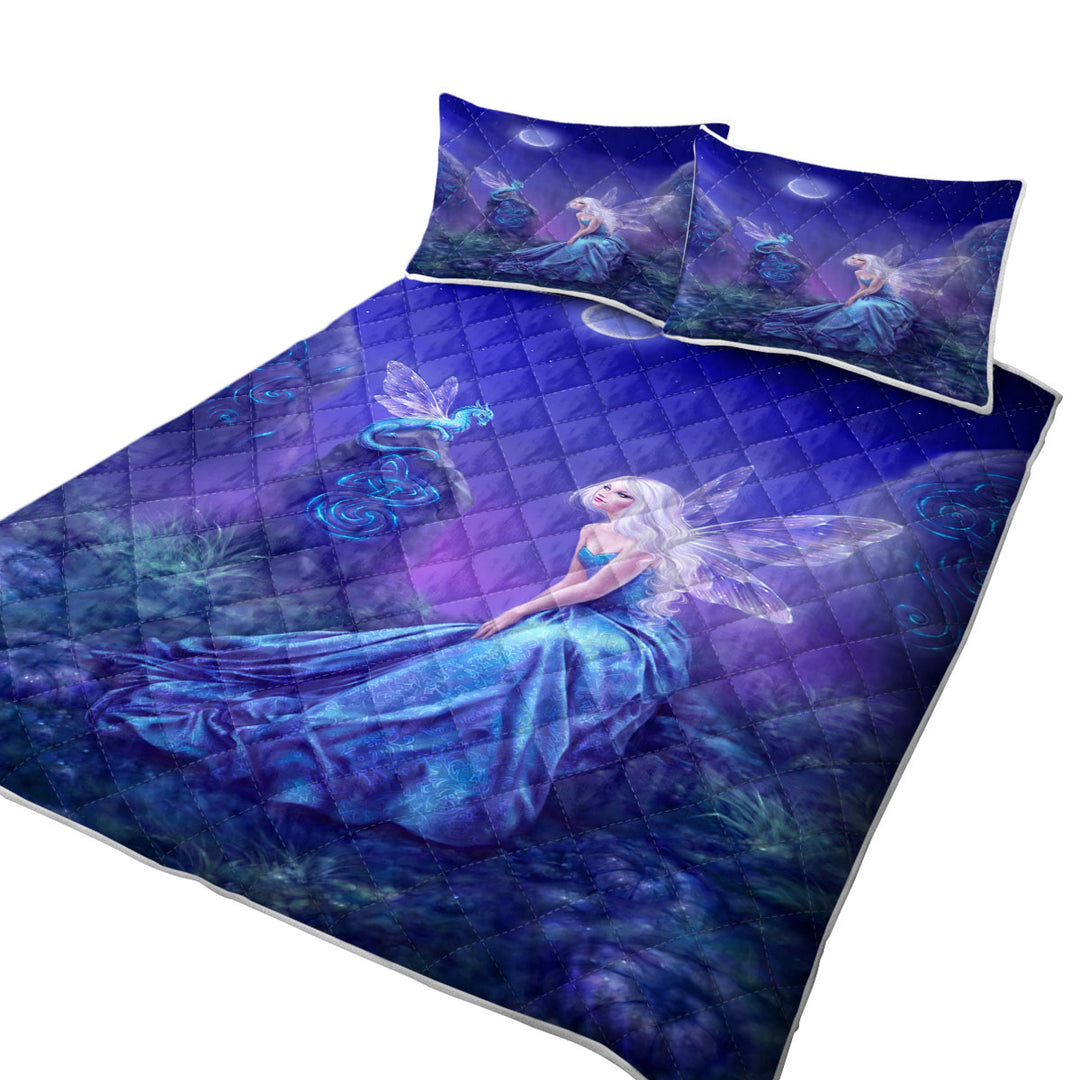 King Size Quilt Sets with Fantasy Art the Moon Light Blue Dragon Fairy