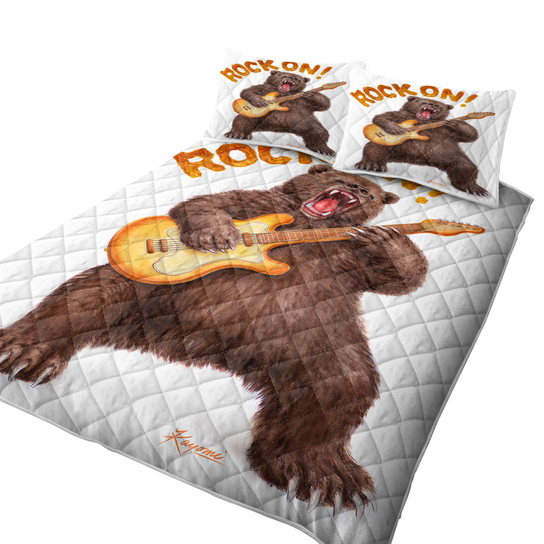 King Size Quilt Sets with Funny Cool Animal Art Rock on Guitar Bear