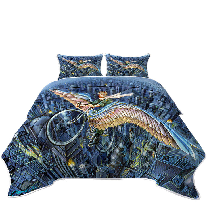 King Size Quilt Sets with Future Icarus Bicycle Wings above the City