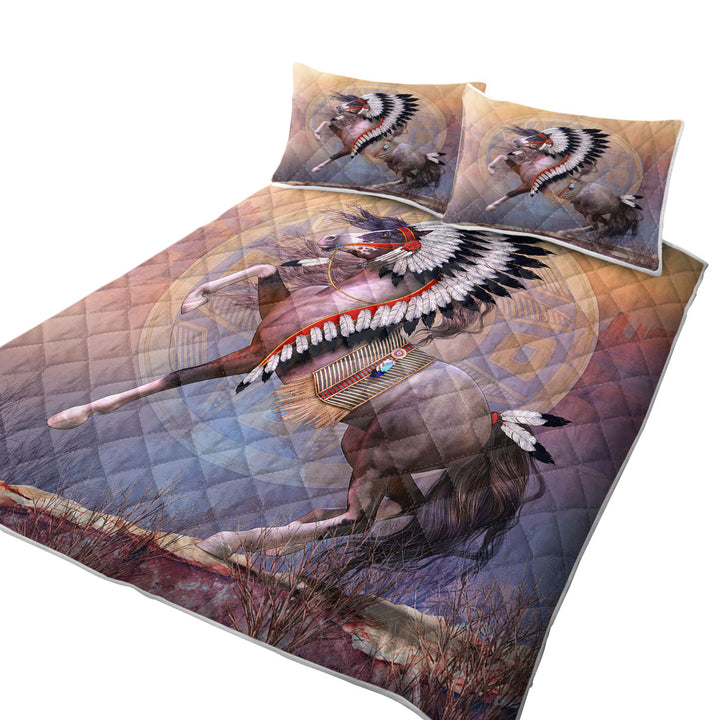 King Size Quilt Sets with Impressive Native American War Bonnet Horse