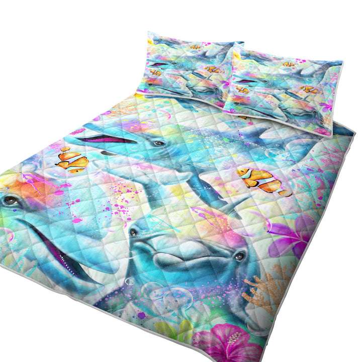 King Size Quilt Sets with Marine Life Painting Daydream Rainbow Dolphins