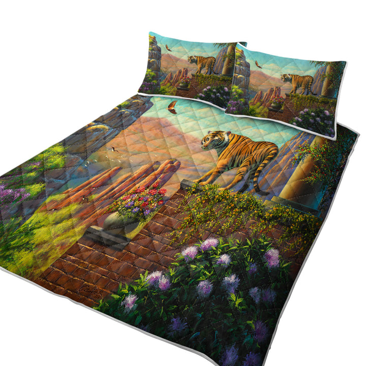 King Size Quilt Sets with Painting of Tiger on Floral Terrace