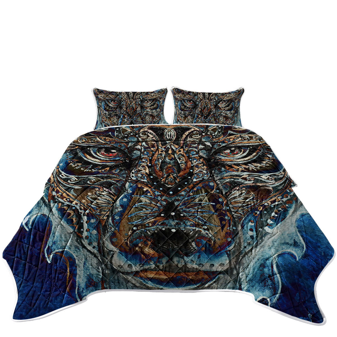 King Size Quilt Sets with Tough Native American Wolf Painting