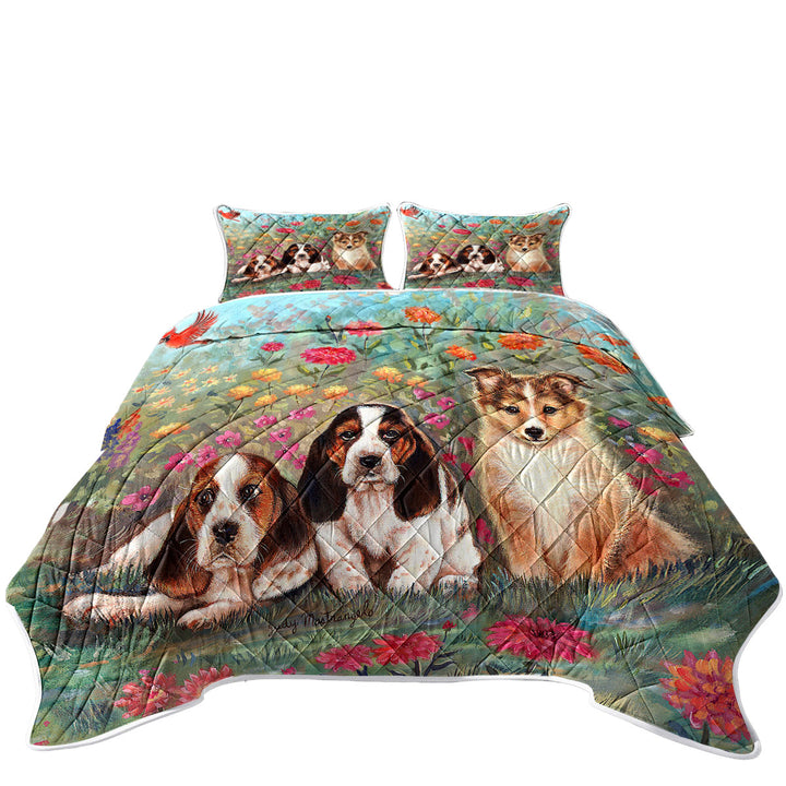 King Size Quilt with Art Painting Cute Dog Puppies and Flowers