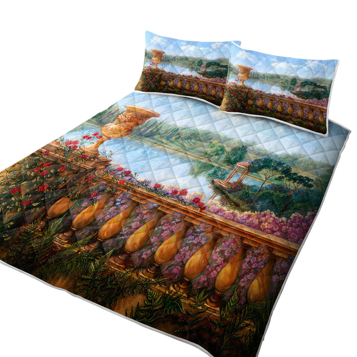 King Size Quilt with Art Painting Lake Behind a Floral Balustrade