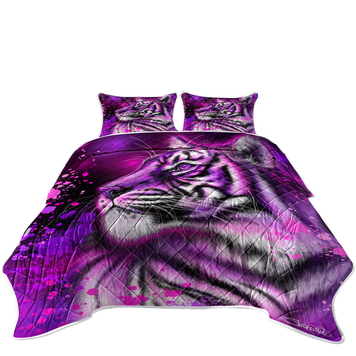 King Size Quilt with Artwork Neon Purple Pink Tiger