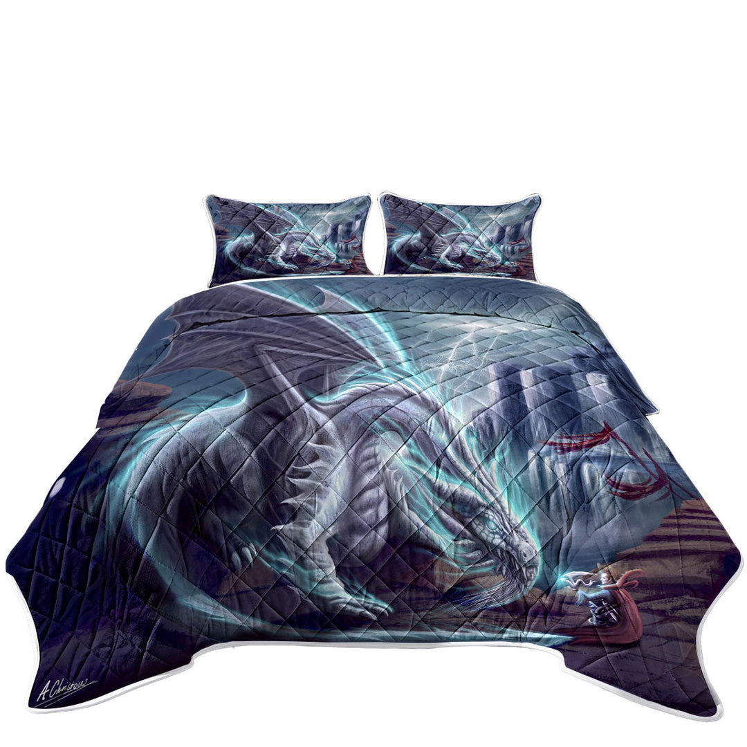 King Size Quilt with Cool Art White Lighting Dragon