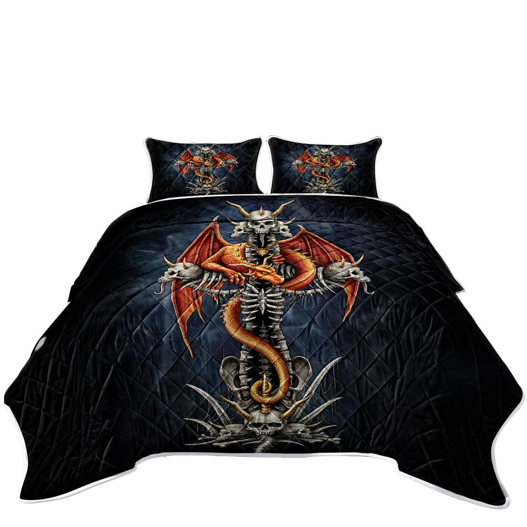 King Size Quilt with Cool Scary Fantasy Skulls Dragons Cross