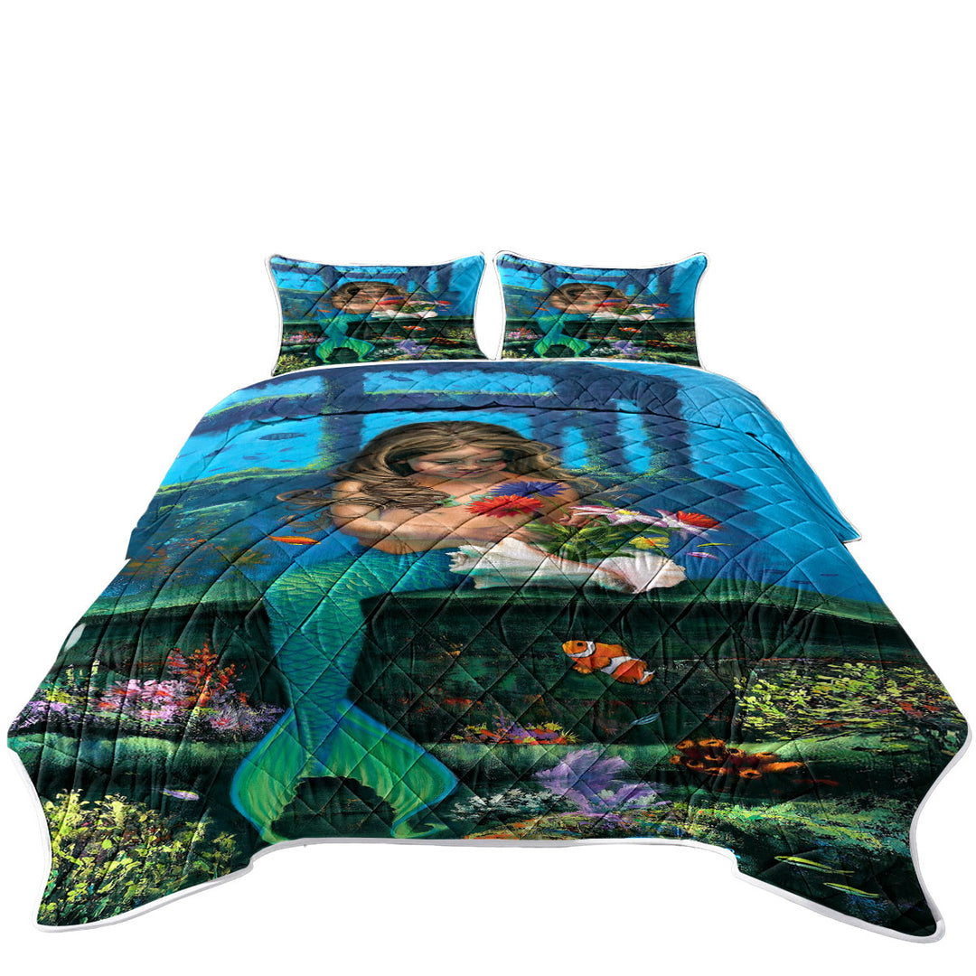 King Size Quilt with Cute Girl Mermaid and Underwater Flowers