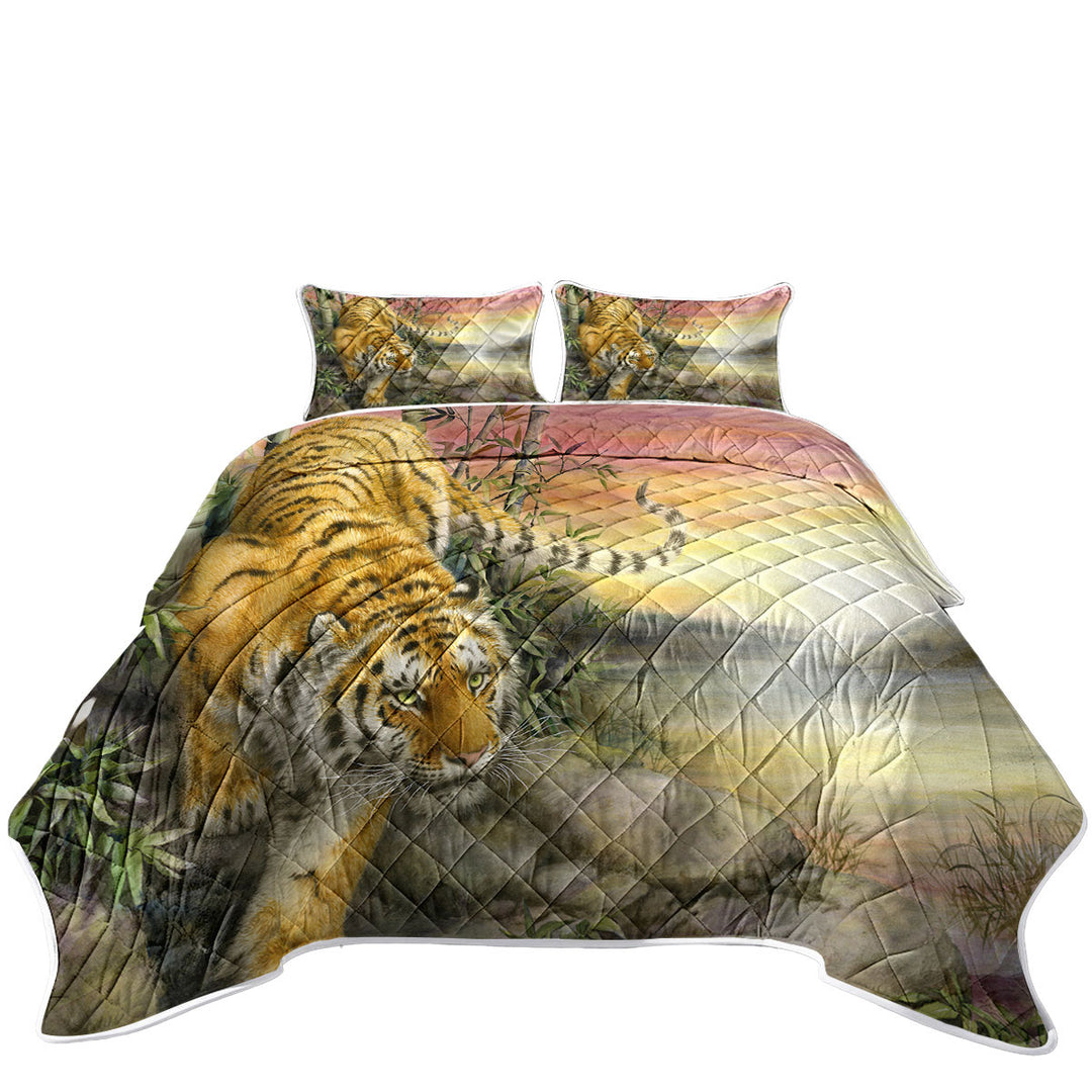 King Size Quilt with Wild Animal Art Tiger at Sunrise Dawn