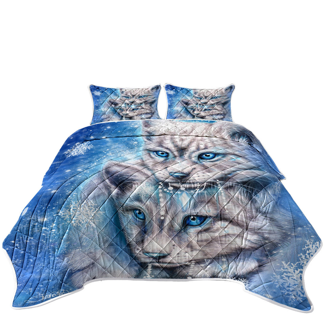 King Size Quilt with Wildlife Art Blue Winter Lynx Wild Cat