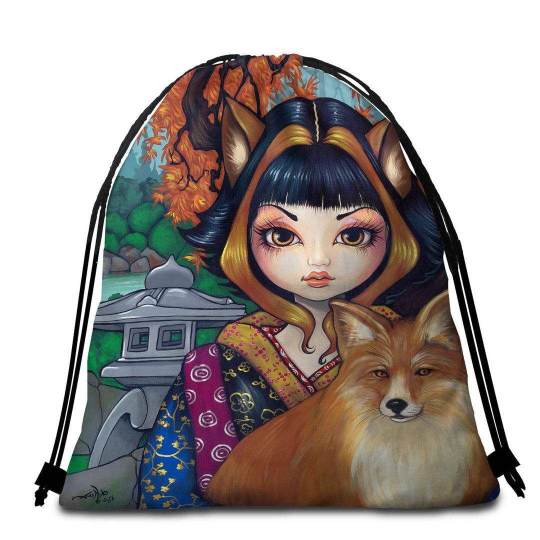 KitSune Japanese Fantasy Art Fox Girl and Fox Beach Towels and Bags Set