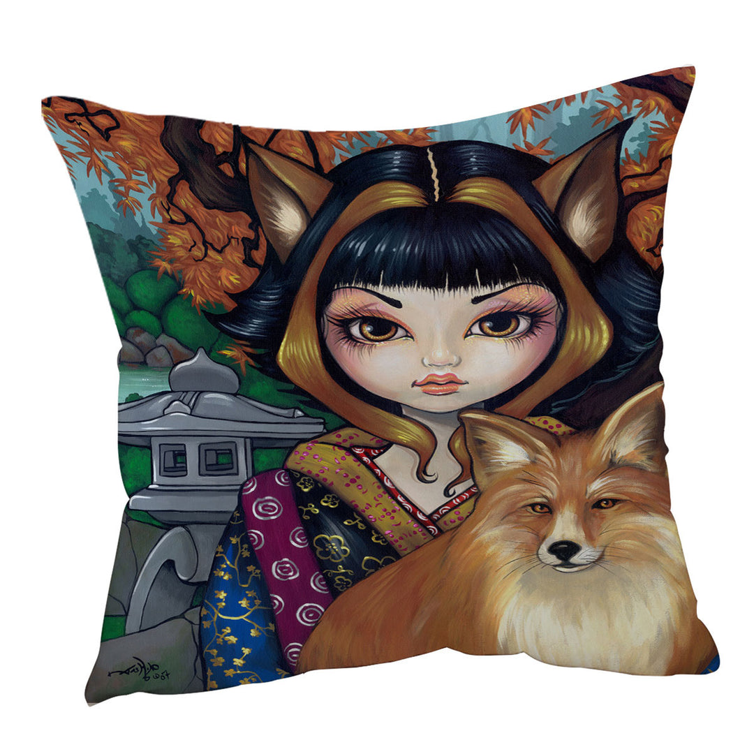 KitSune Japanese Fantasy Art Fox Girl and Fox Cushion Cover