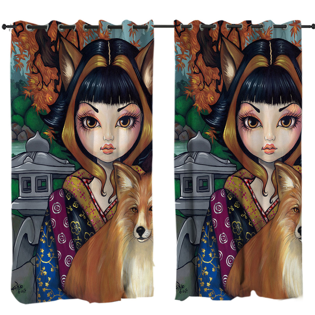 KitSune Japanese Fantasy Art Fox Girl and Fox Drapes and Curtains