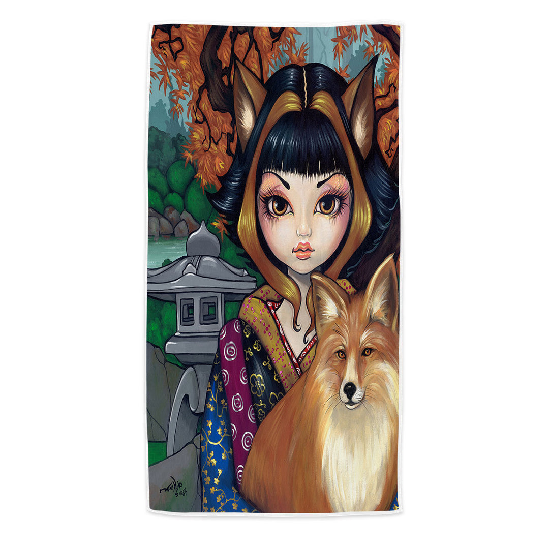 KitSune Japanese Fantasy Art Fox Girl and Fox Pool Towels