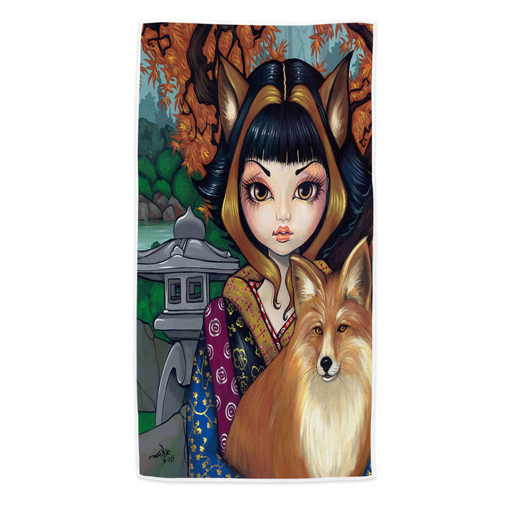 KitSune Japanese Fantasy Art Fox Girl and Fox Pool Towels