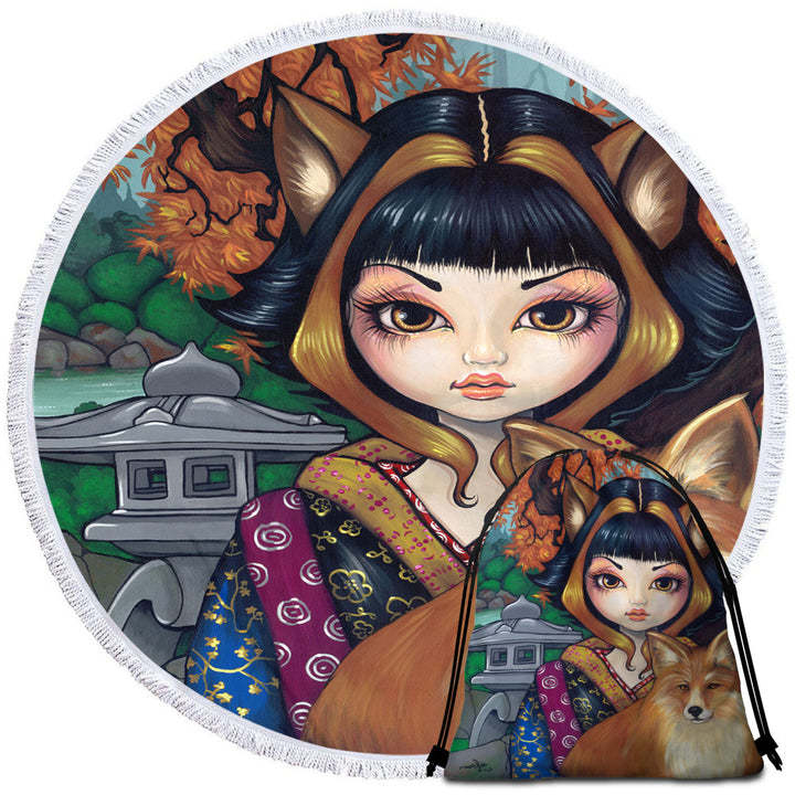 KitSune Japanese Fantasy Art Fox Girl and Fox Round Beach Towel