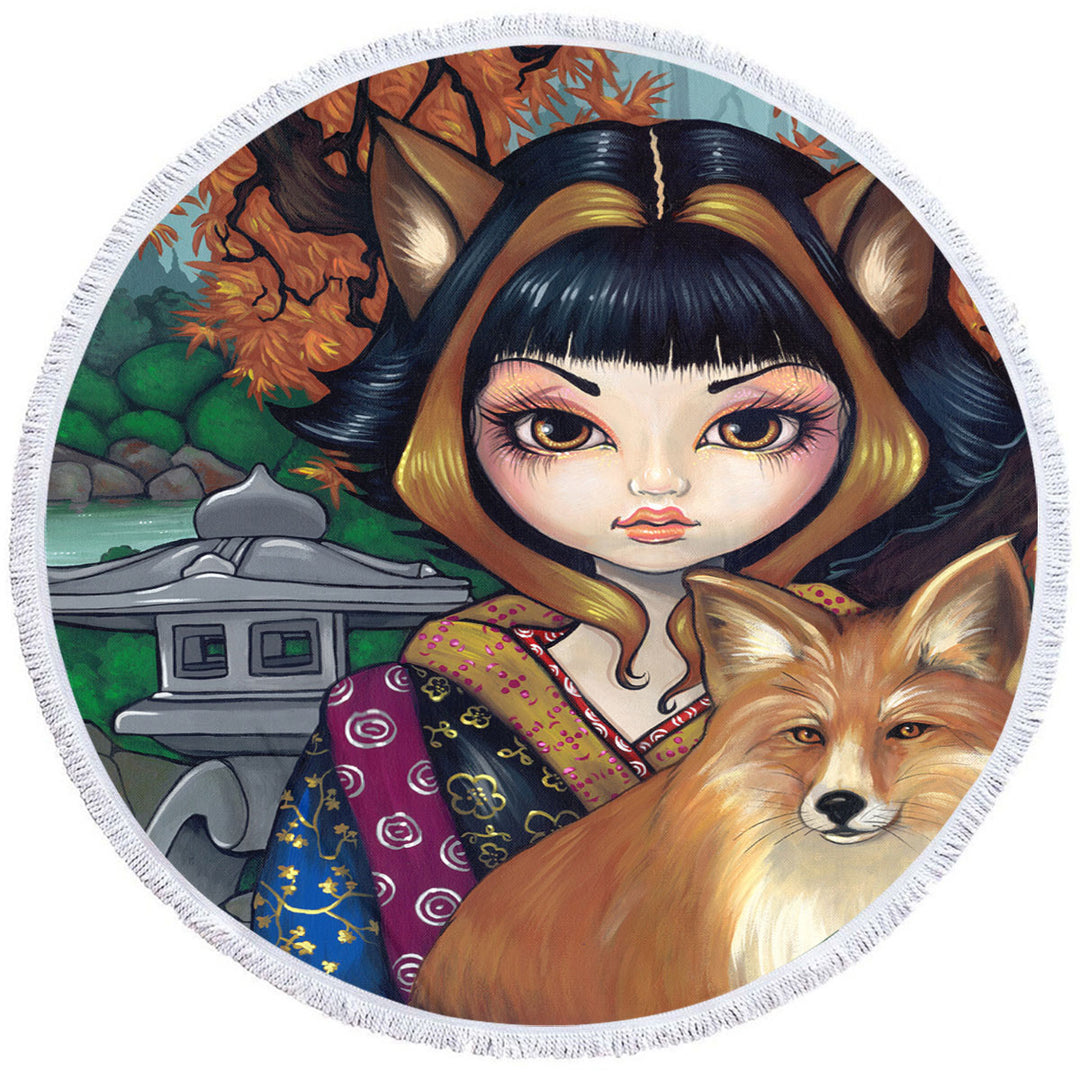 KitSune Japanese Fantasy Art Fox Girl and Fox Round Towel