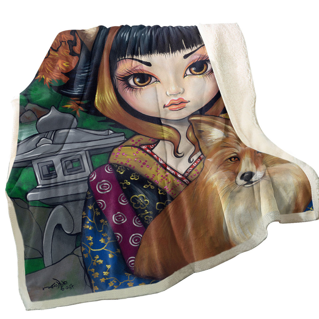 KitSune Japanese Fantasy Art Fox Girl and Fox Sherpa Blanket