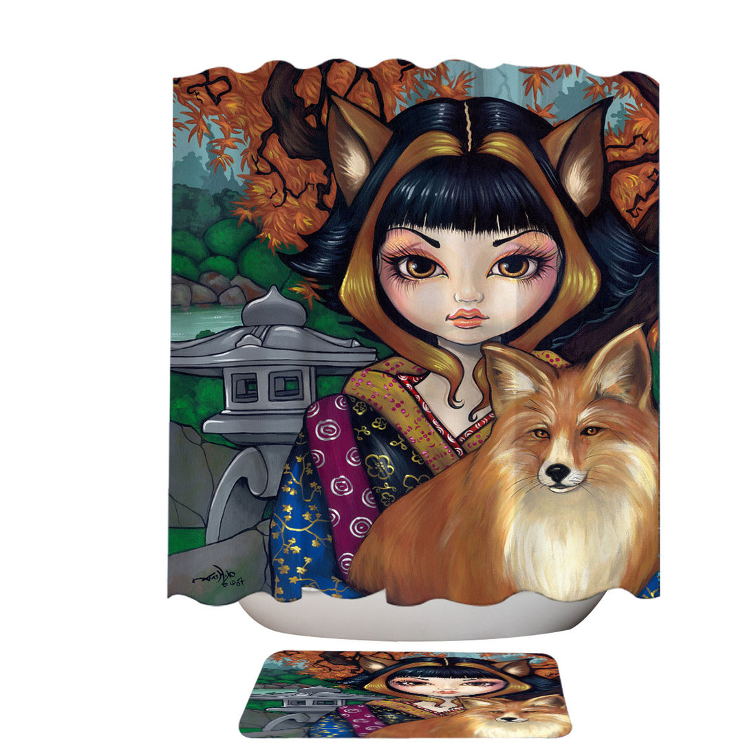 KitSune Japanese Fantasy Art Fox Girl and Fox Shower Curtain