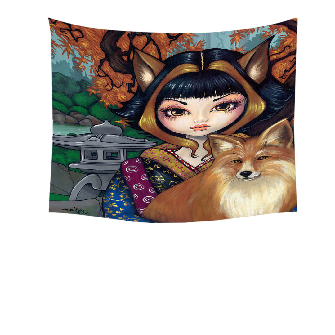 KitSune Japanese Fantasy Art Fox Girl and Fox Tapestry