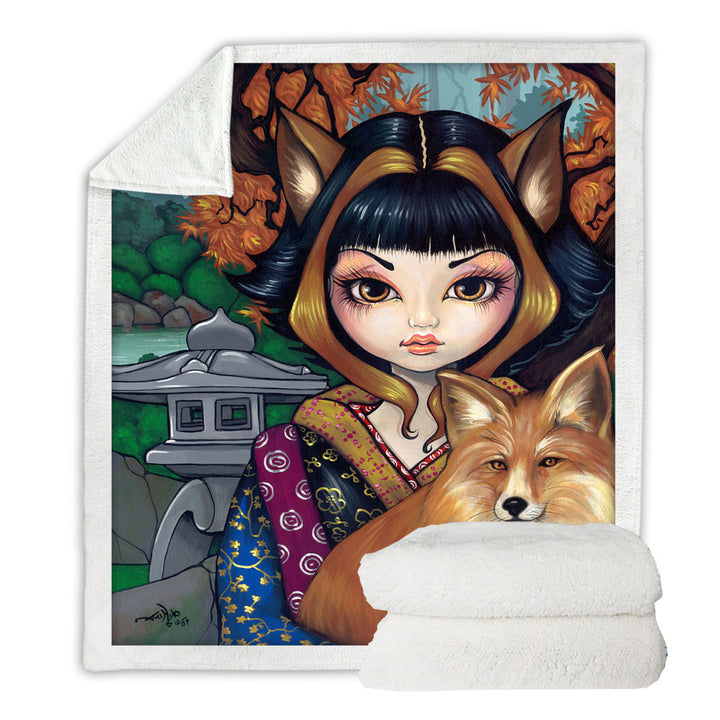 KitSune Japanese Fantasy Art Fox Girl and Fox Throw Blanket