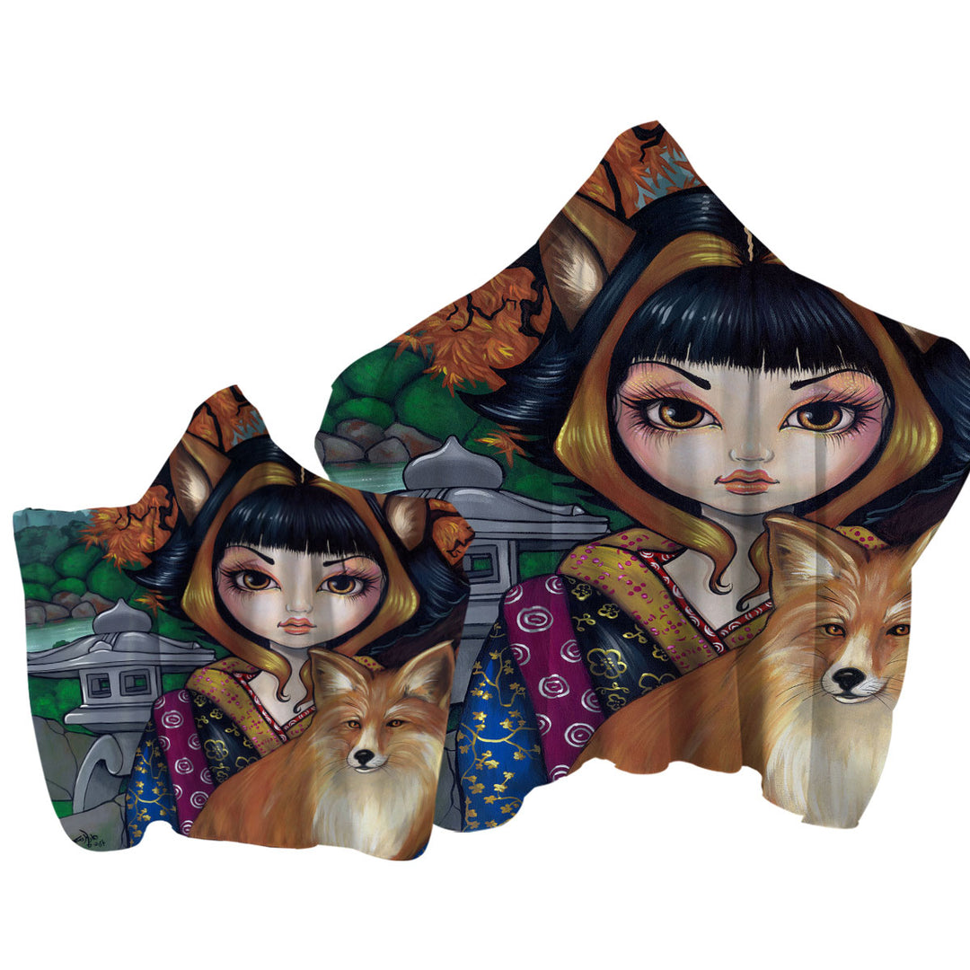 KitSune Japanese Fantasy Art Fox Girl and Fox Towel Hoodie