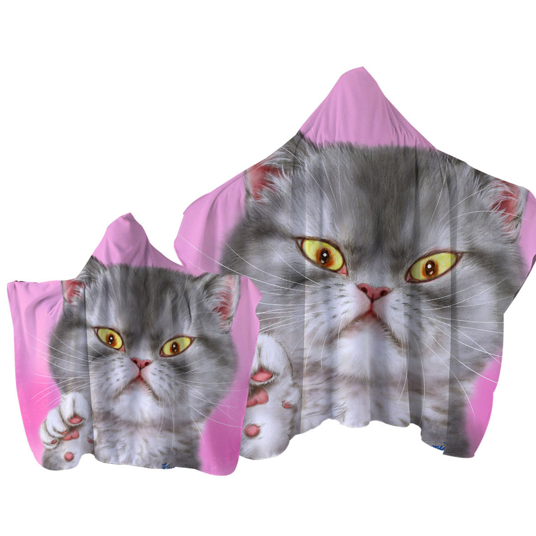 Kittens Art Angry Grey Kitty Cat over Pink Towel Hoodie