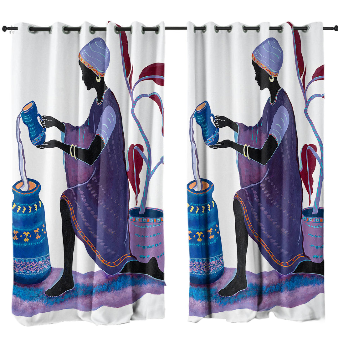 Kneeling in Purple Dress African Art Painting Woman Curtains for Bedroom