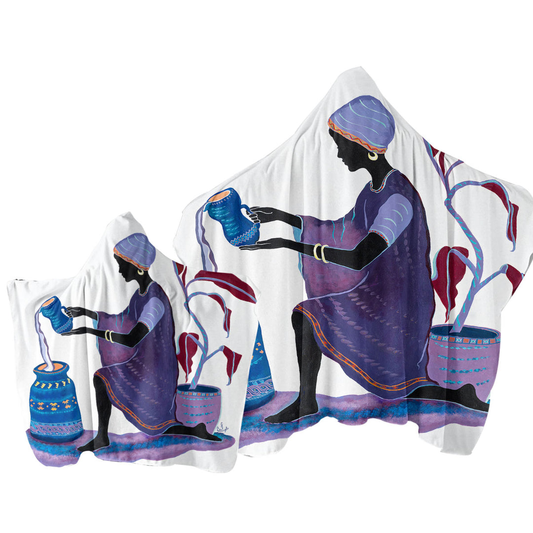 Kneeling in Purple Dress African Art Painting Woman Hooded Beach Towel