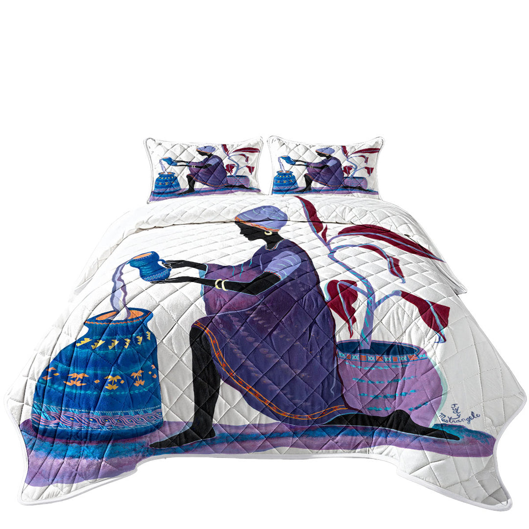 Kneeling in Purple Dress African Art Painting Woman Quilts